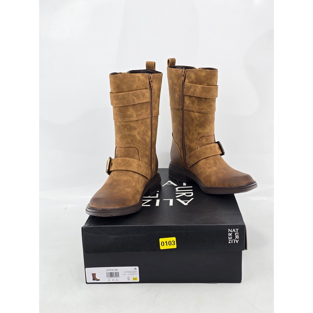 Naturalizer Latoya Boots Womens 9M Tan Buckle Straps Mid Calf - NEW